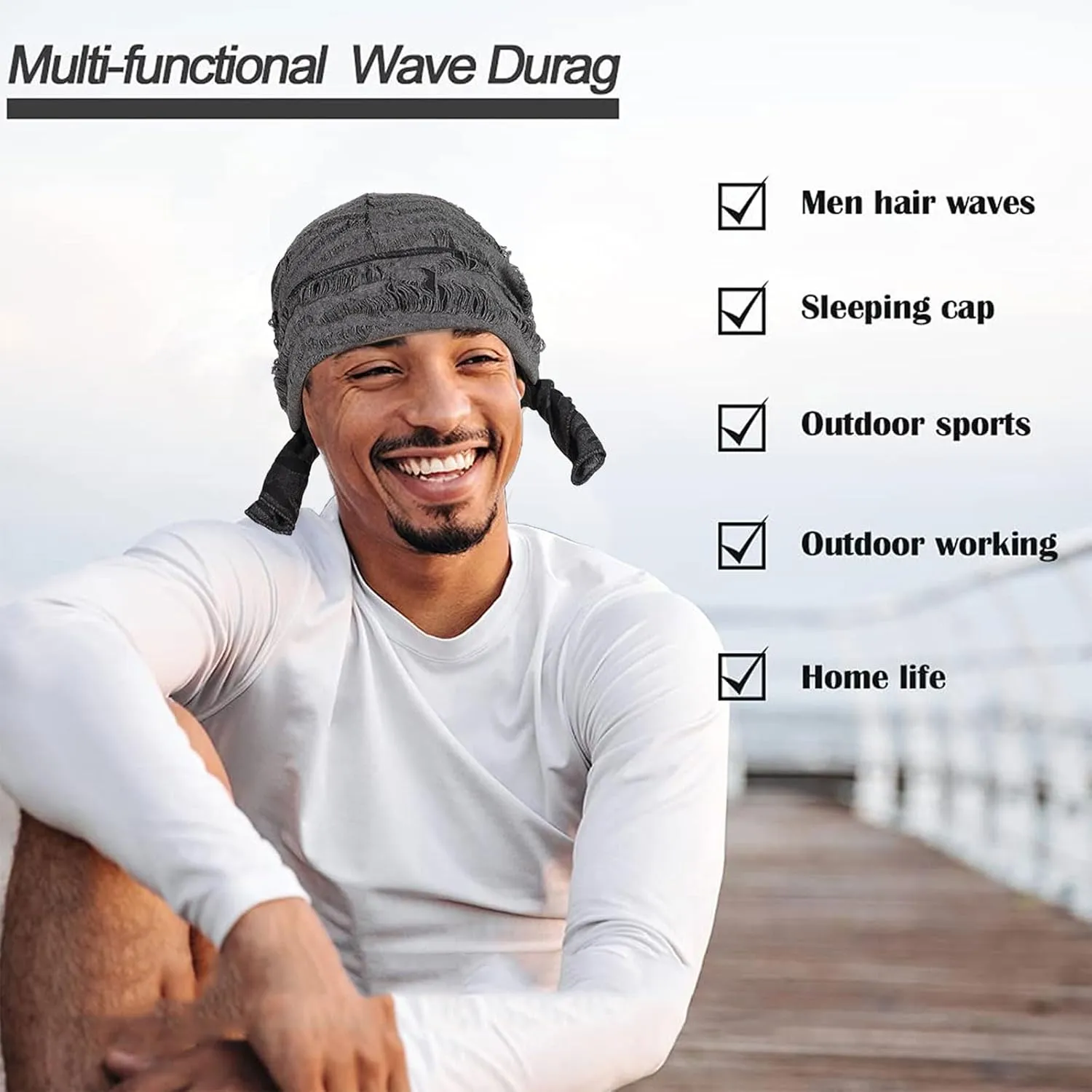 2 Pieces Durag Hat for Men, Silk Satin Durag Long Tail Pirate Wave Cap Durag Broken Feather Turban Headwear