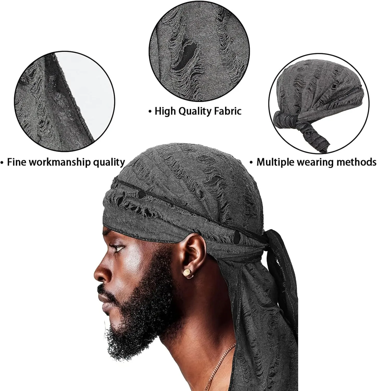 2 Pieces Durag Hat for Men, Silk Satin Durag Long Tail Pirate Wave Cap Durag Broken Feather Turban Headwear