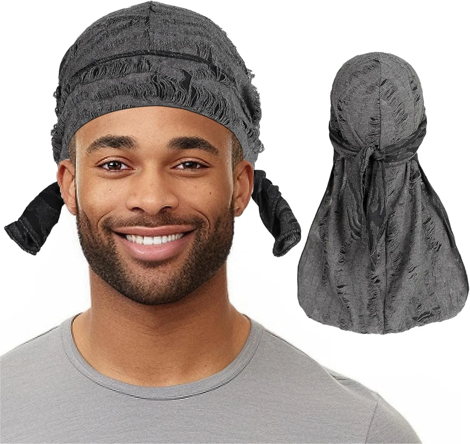 2 Pieces Durag Hat for Men, Silk Satin Durag Long Tail Pirate Wave Cap Durag Broken Feather Turban Headwear