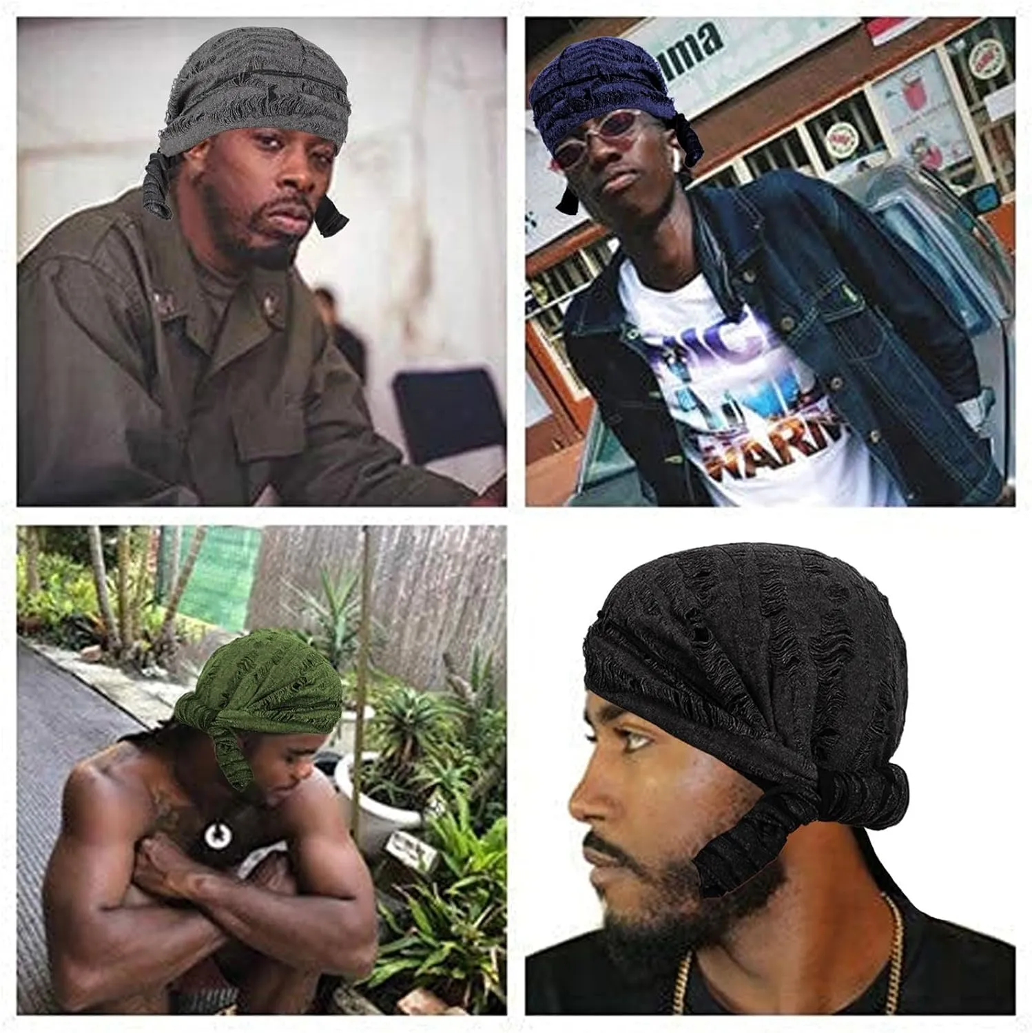 2 Pieces Durag Hat for Men, Silk Satin Durag Long Tail Pirate Wave Cap Durag Broken Feather Turban Headwear