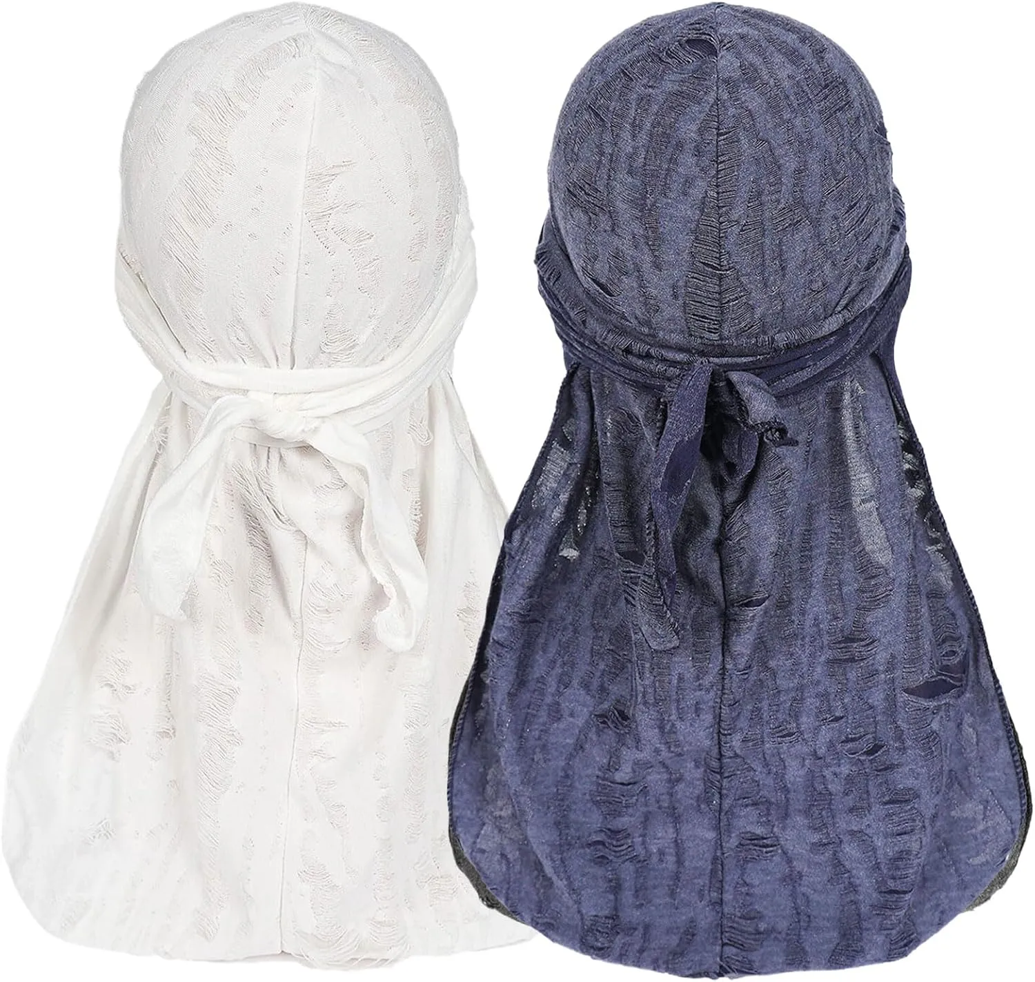 2 Pieces Durag Hat for Men, Silk Satin Durag Long Tail Pirate Wave Cap Durag Broken Feather Turban Headwear