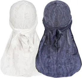 2 Pieces Durag Hat for Men, Silk Satin Durag Long Tail Pirate Wave Cap Durag Broken Feather Turban Headwear