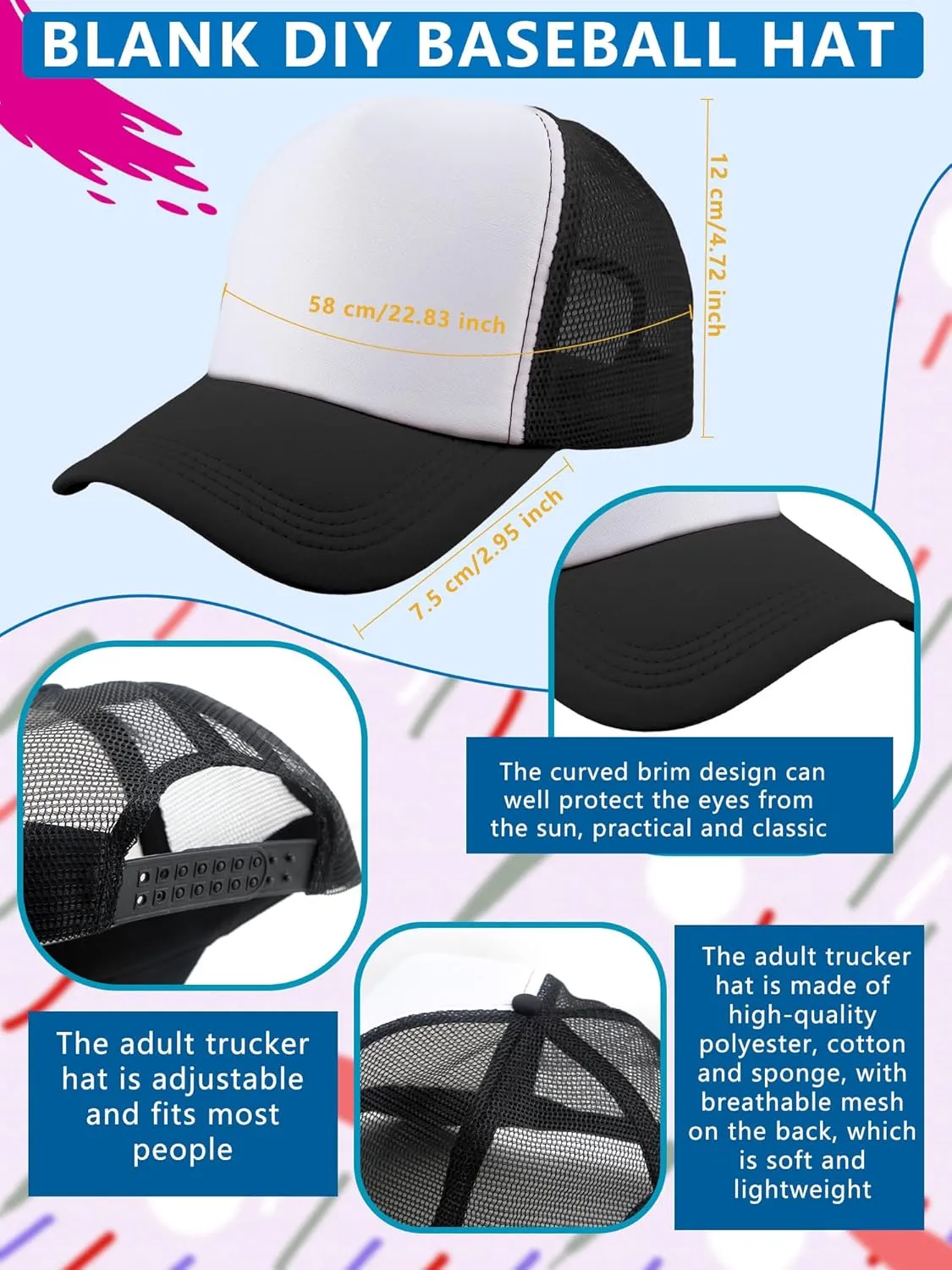 6 Pack Adult Trucker Cap Summer Mesh Baseball Cap DIY Sublimation Trucker Hat for Men Women Summer Outdoor Activities
