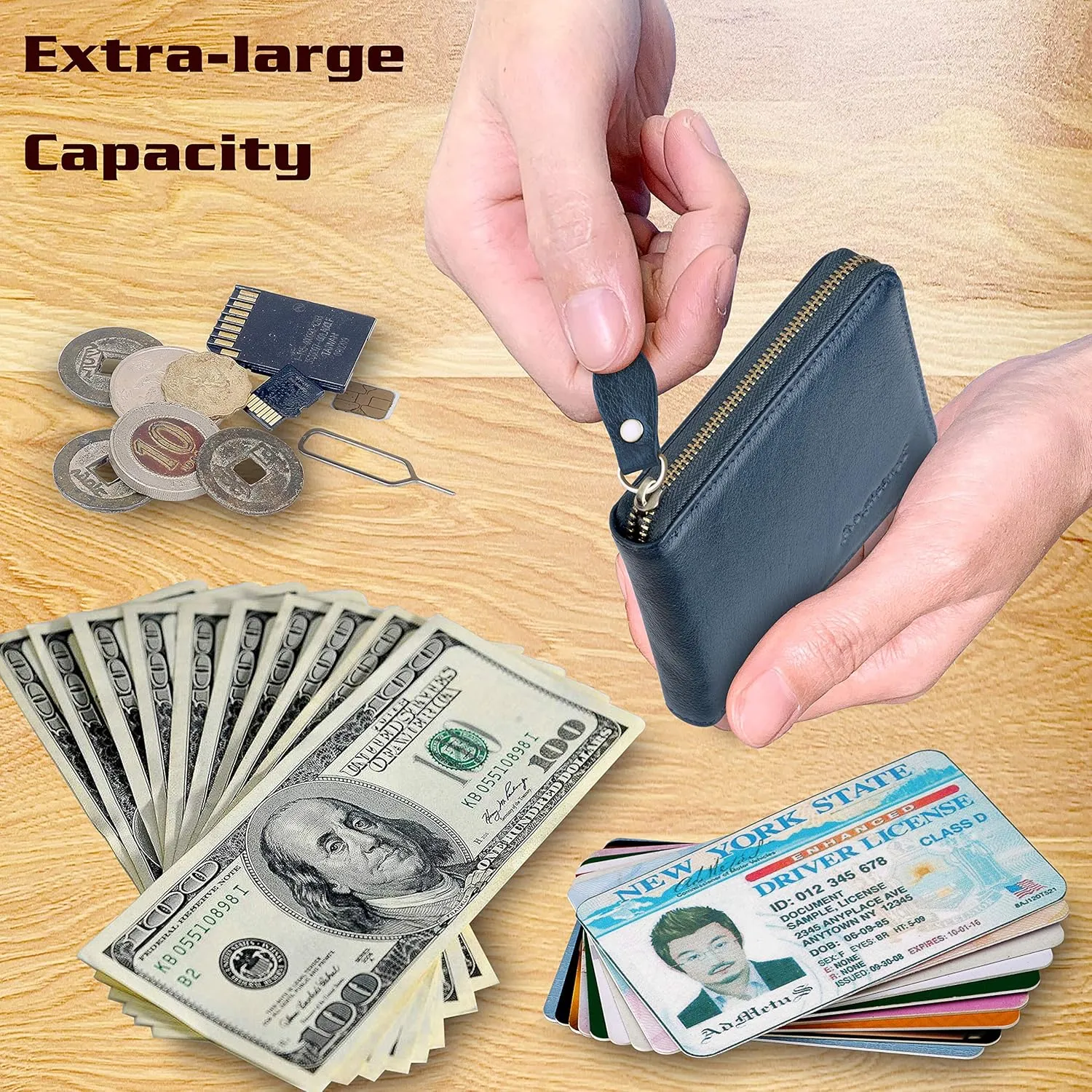 Admetus Men's Zipper Wallet Leather Bifold Wallets Slim RFID Blocking Zip Around Credit Card Holder Compact Small Wallet