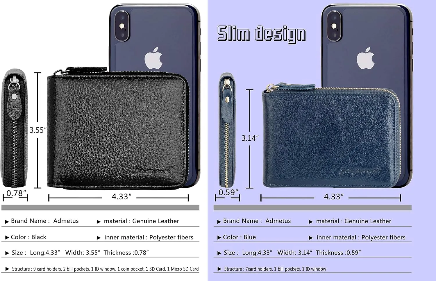 Admetus Men's Zipper Wallet Leather Bifold Wallets Slim RFID Blocking Zip Around Credit Card Holder Compact Small Wallet