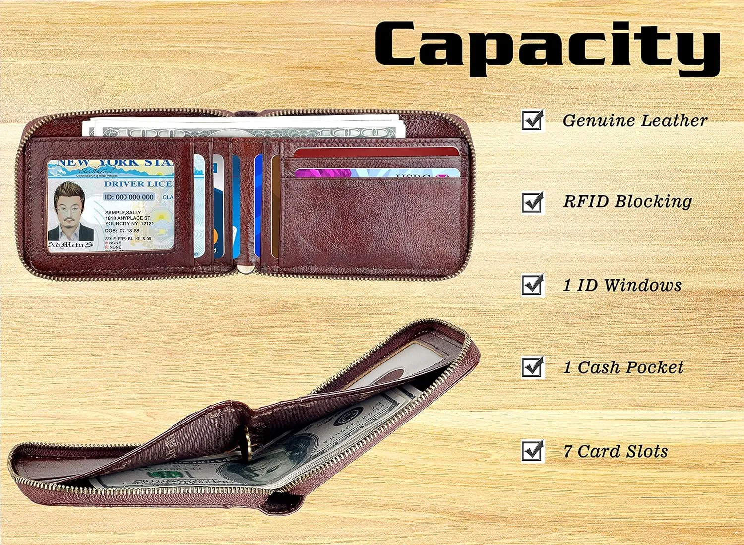 Admetus Men's Zipper Wallet Leather Bifold Wallets Slim RFID Blocking Zip Around Credit Card Holder Compact Small Wallet