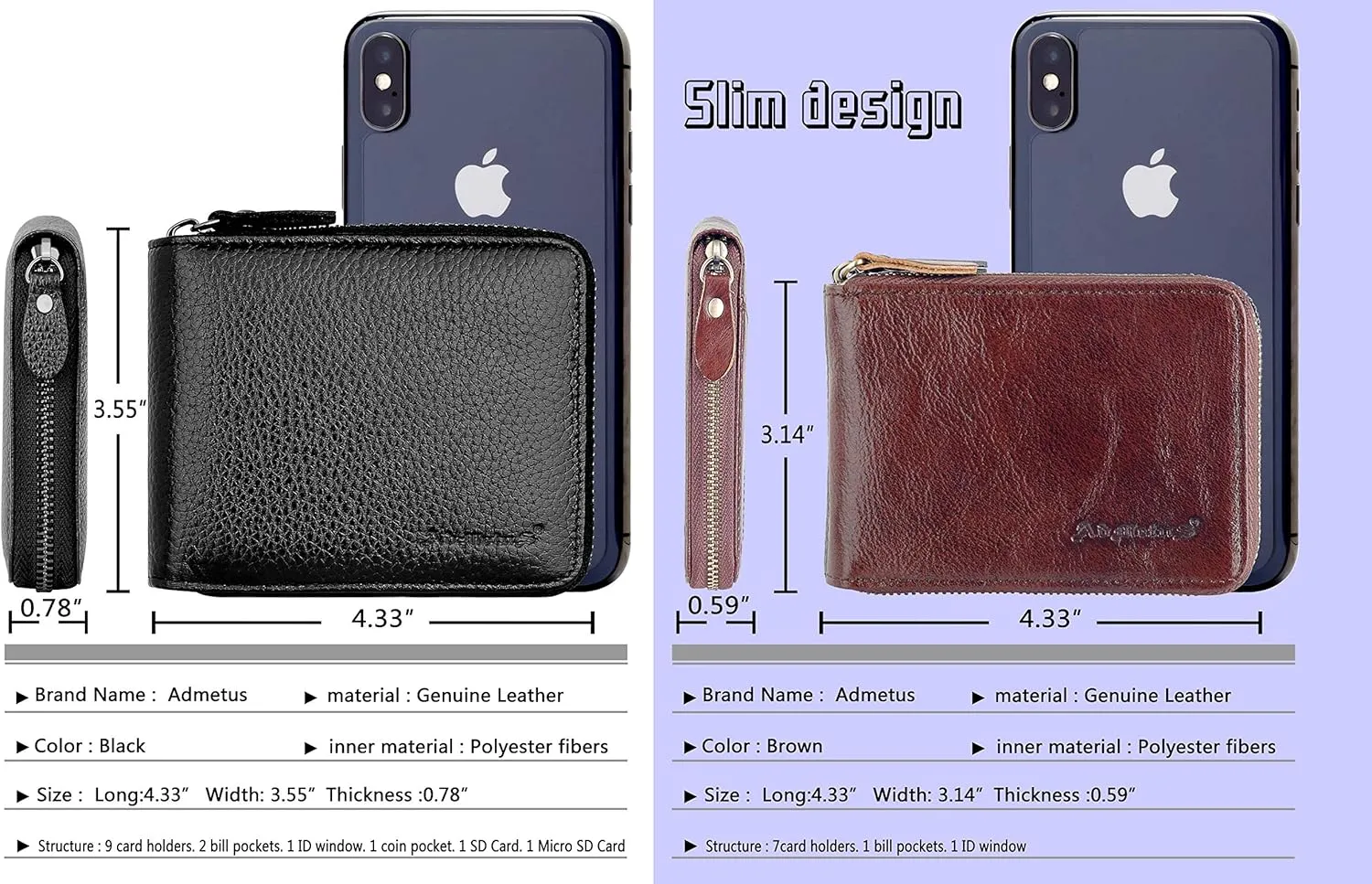 Admetus Men's Zipper Wallet Leather Bifold Wallets Slim RFID Blocking Zip Around Credit Card Holder Compact Small Wallet