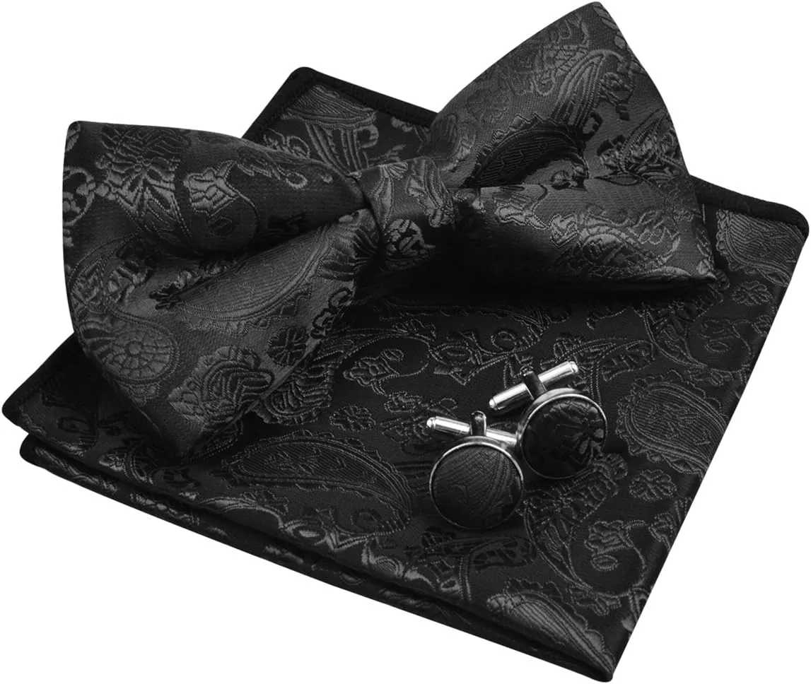 Alizeal Mens Paisley Bow Tie, Pocket Square, Cufflinks Set