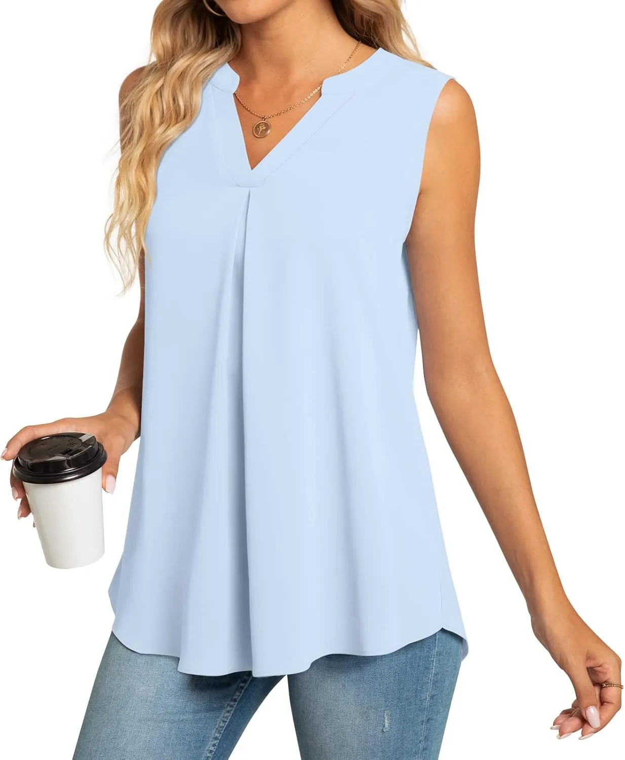 Anyhold Women's Chiffon Tank Tops Sleeveless V Neck Blouse Dressy Casual Tops Office Work Shirts