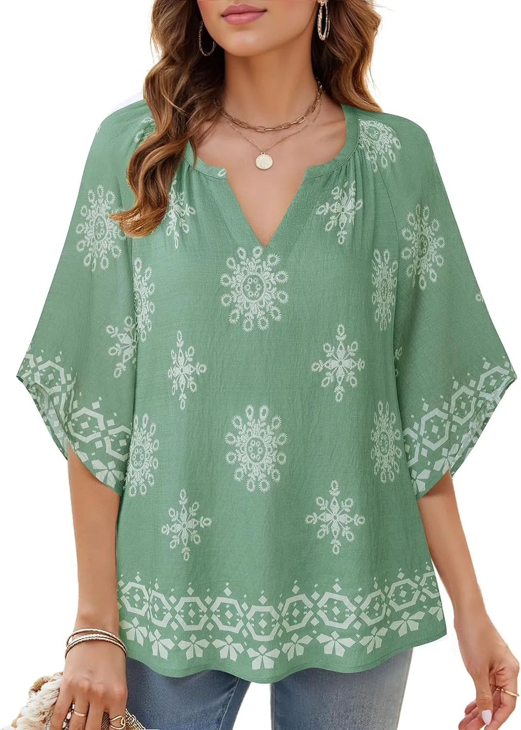 Bebonnie Womens 3/4 Sleeve V Neck Bohemian Peasant Blouses Casual Loose Fit Tunic Tops