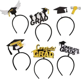 CURASA 6 PCS Graduation Cap Headband Class of 2025 Black & Gold Glitter Sequins Star Congrats Grad Party Decorations Funny Bachelor Hat Headbands Costume Accessory Party Favor Photo Props Supplies