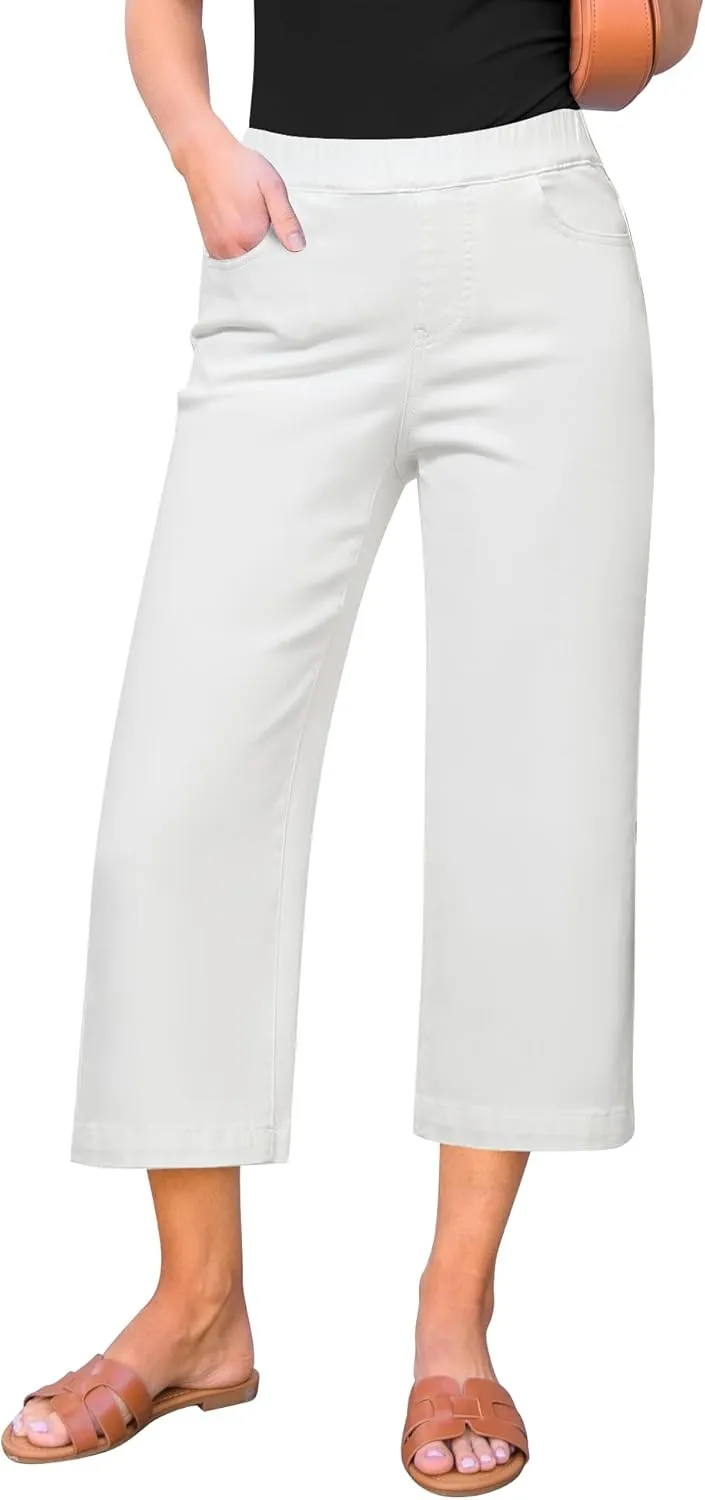 GRAPENT Capri Jeans for Women Wide Leg High Waisted Effortless Flow Pull On Stretchy Denim Elastic Waist Pants with Pockets