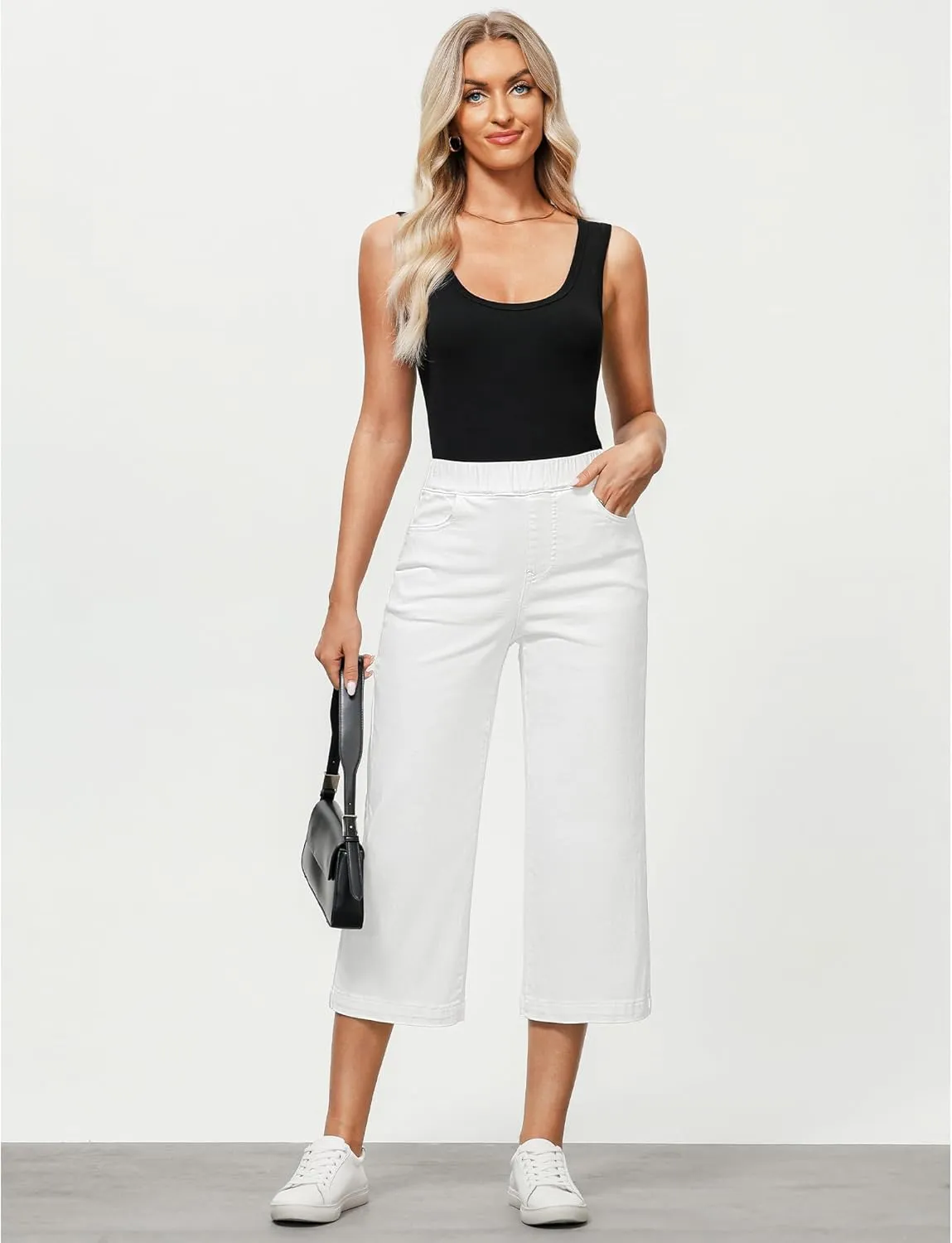 GRAPENT Capri Jeans for Women Wide Leg High Waisted Effortless Flow Pull On Stretchy Denim Elastic Waist Pants with Pockets