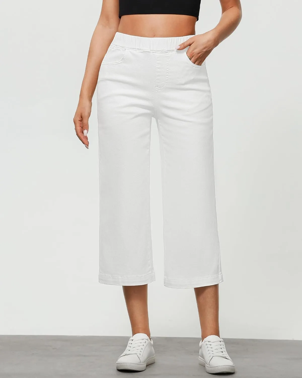 GRAPENT Capri Jeans for Women Wide Leg High Waisted Effortless Flow Pull On Stretchy Denim Elastic Waist Pants with Pockets