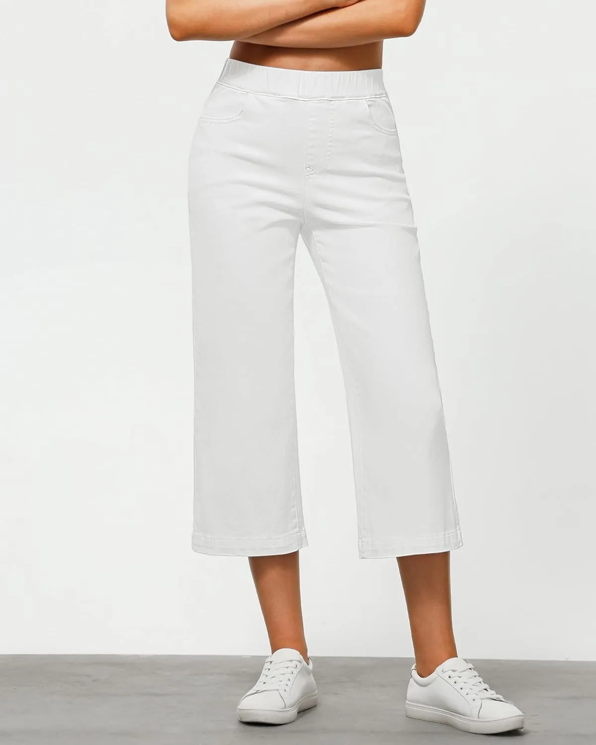 GRAPENT Capri Jeans for Women Wide Leg High Waisted Effortless Flow Pull On Stretchy Denim Elastic Waist Pants with Pockets