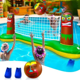 Large Inflatable Luau Tiki Pool Games Volleyball Net Pool Float Set with 9" Beach Ball, Floating Swimming Water Sports Game Toy for Adults & Kids, Summer Luau Tropical Hawaiian Party Supplies