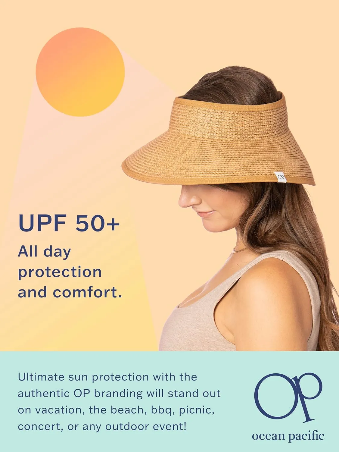 Ocean Pacific Sun Visor Hats for Women, Beach Roll Up Large-Brimmed Straw Hat, Sun Protection UPF 50