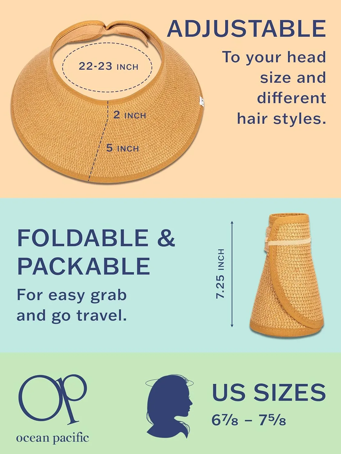 Ocean Pacific Sun Visor Hats for Women, Beach Roll Up Large-Brimmed Straw Hat, Sun Protection UPF 50