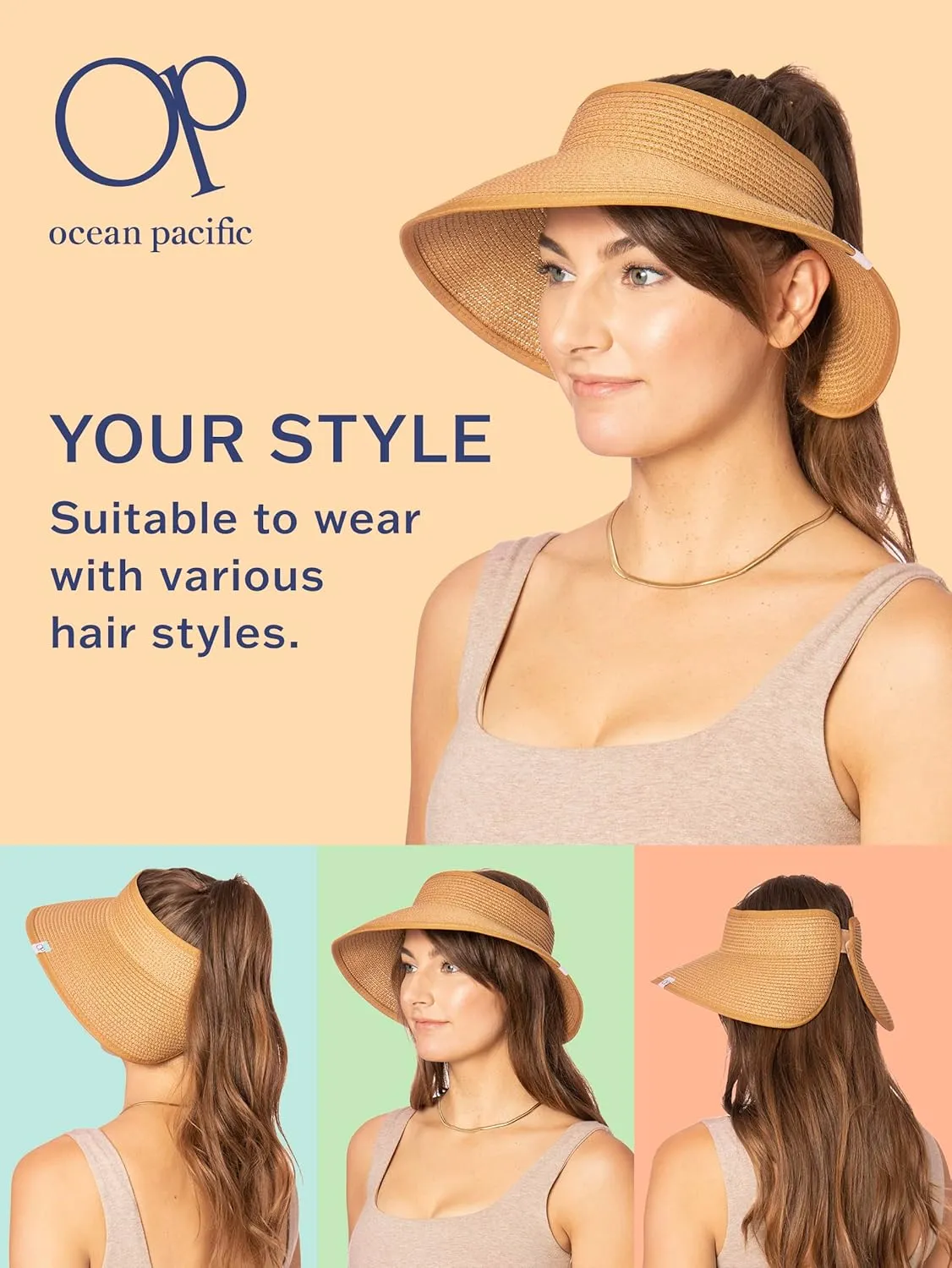 Ocean Pacific Sun Visor Hats for Women, Beach Roll Up Large-Brimmed Straw Hat, Sun Protection UPF 50