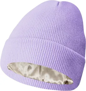 PFFY Satin Lined Knit Cuffed Beanie Hat Silk Lining Slouchy Warm Hats Winter Beanies Gift for Women Men