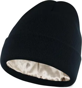 PFFY Satin Lined Knit Cuffed Beanie Hat Silk Lining Slouchy Warm Hats Winter Beanies Gift for Women Men