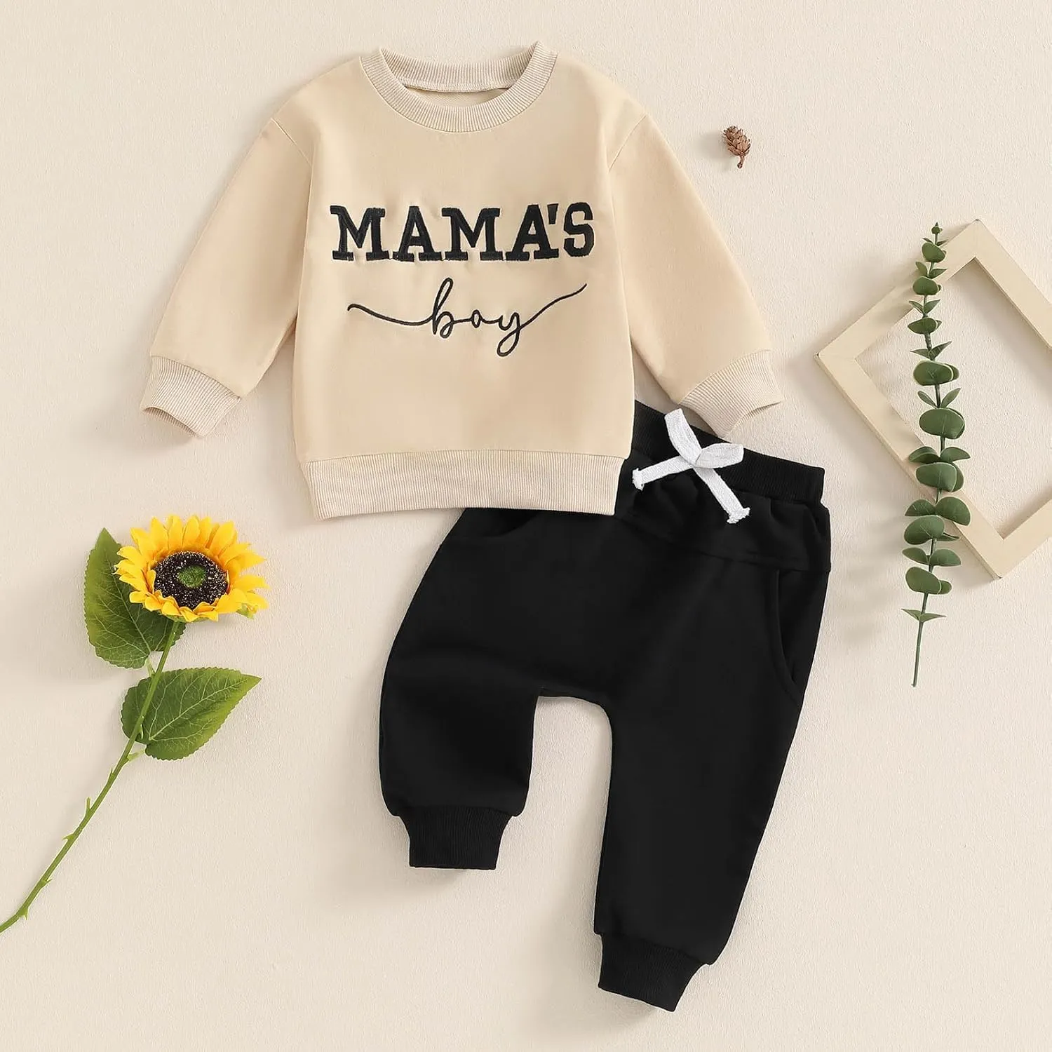 Toddler Baby Boy Fall outfit Mama's Boy Letter Embroidery Sweatshirt Top Elastic Pants Set Cute 2pcs Winter Clothes