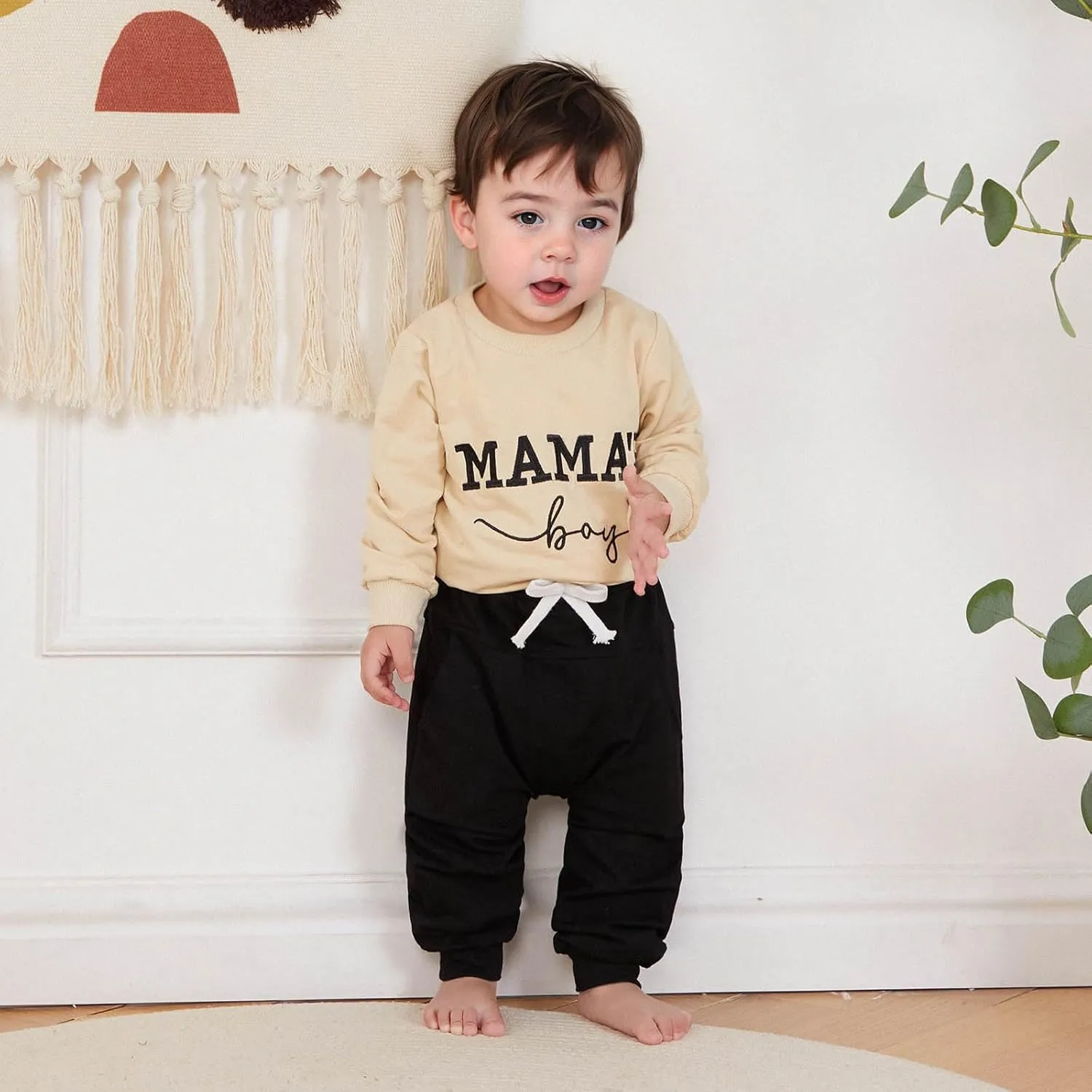 Toddler Baby Boy Fall outfit Mama's Boy Letter Embroidery Sweatshirt Top Elastic Pants Set Cute 2pcs Winter Clothes