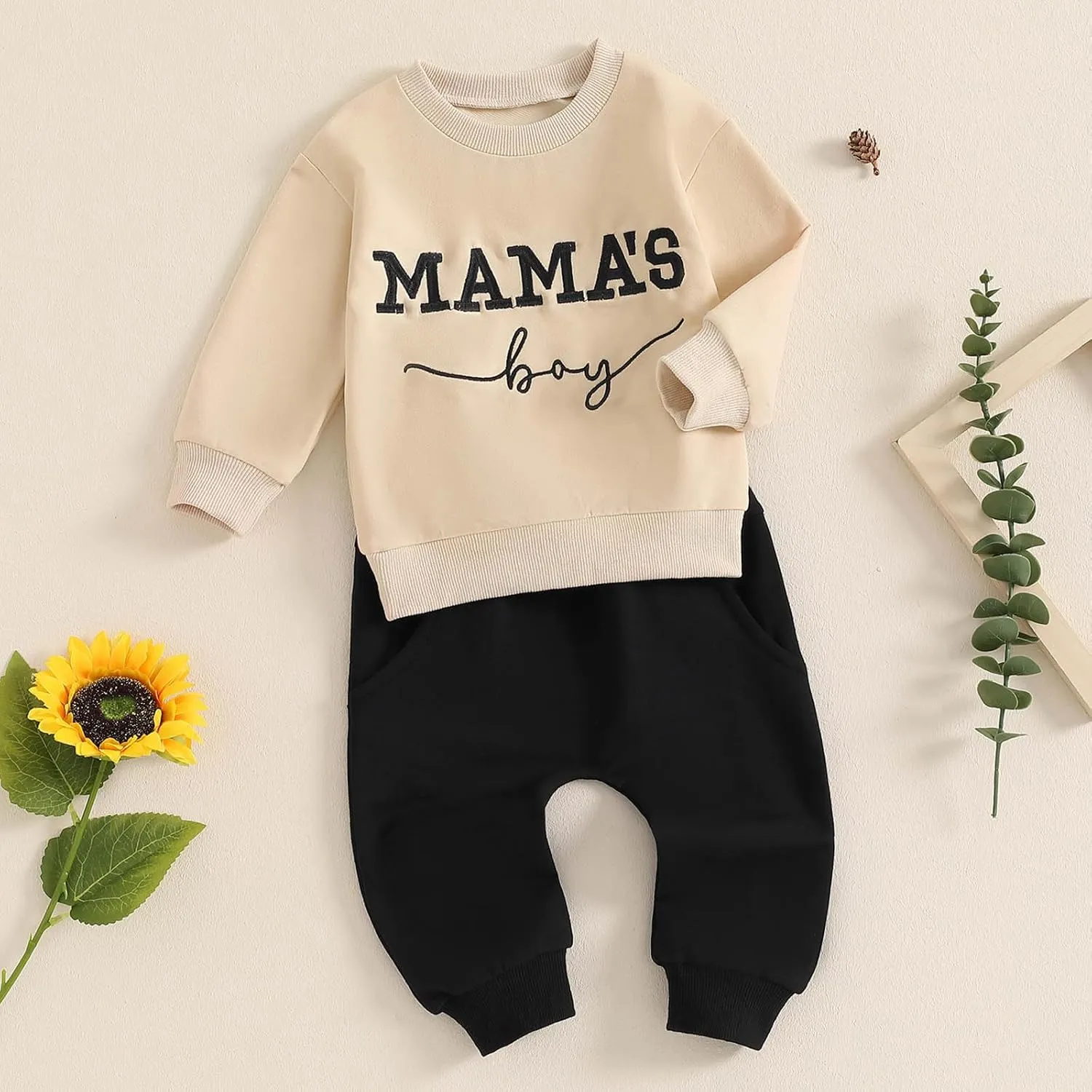 Toddler Baby Boy Fall outfit Mama's Boy Letter Embroidery Sweatshirt Top Elastic Pants Set Cute 2pcs Winter Clothes