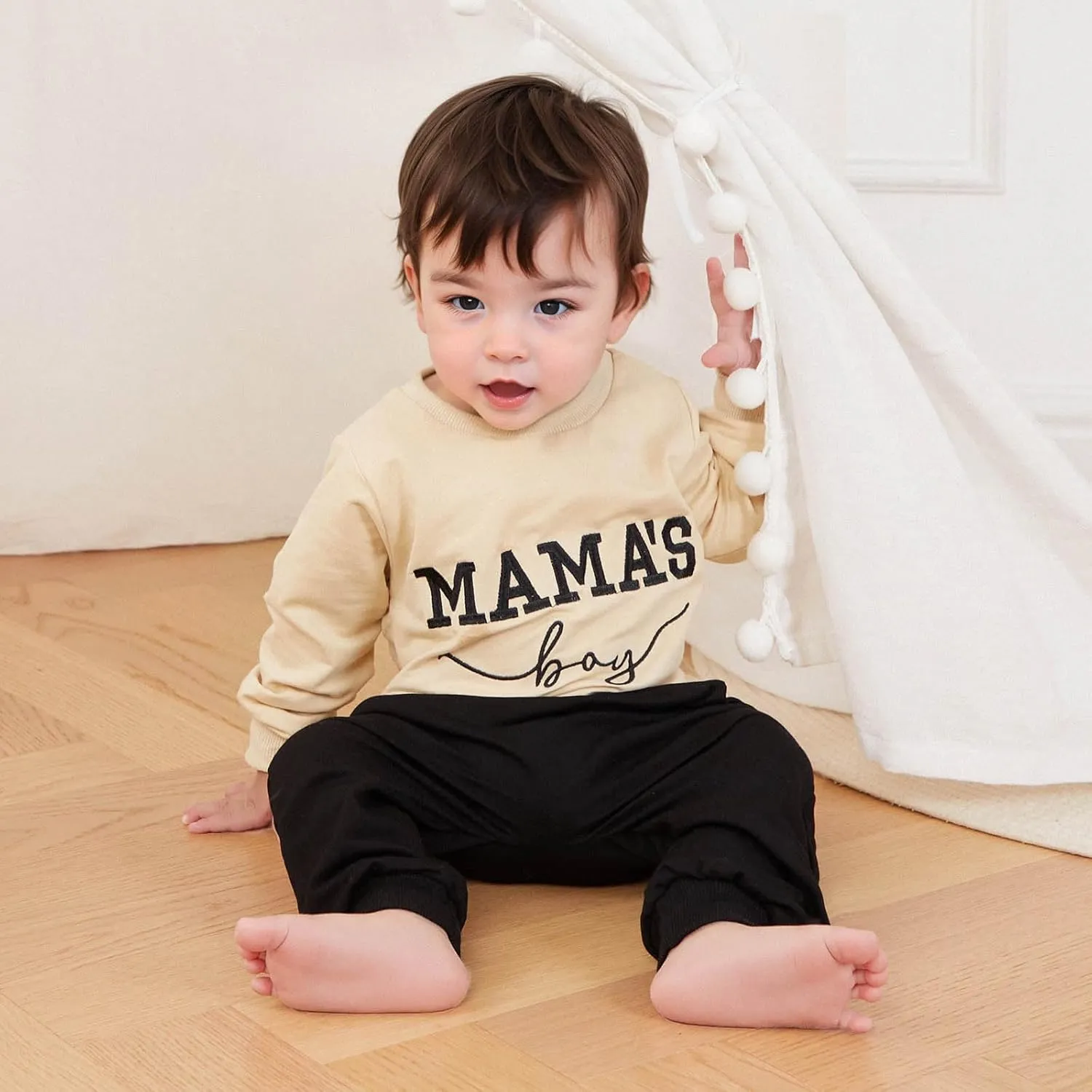 Toddler Baby Boy Fall outfit Mama's Boy Letter Embroidery Sweatshirt Top Elastic Pants Set Cute 2pcs Winter Clothes