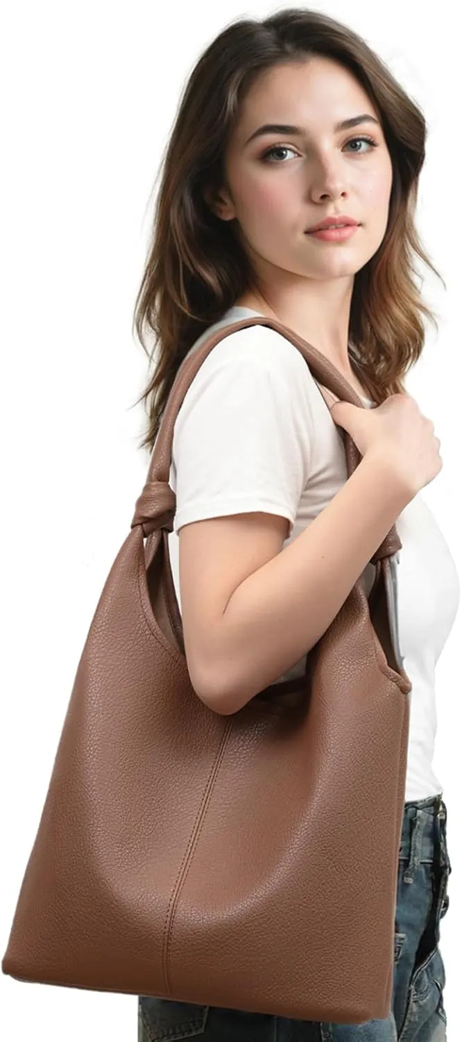Vegan Leather Hobo Purses set, Slouchy Shoulder Bag Knotted Hobo Bags for Women with a small Purse and Clutch Handbag