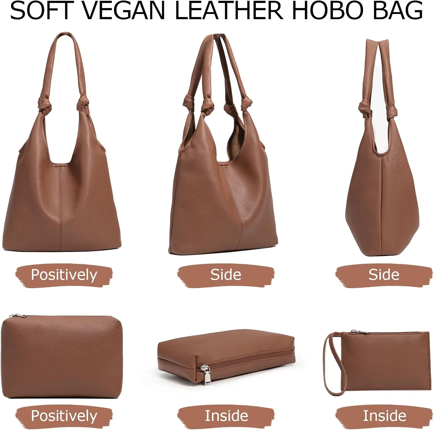 Vegan Leather Hobo Purses set, Slouchy Shoulder Bag Knotted Hobo Bags for Women with a small Purse and Clutch Handbag