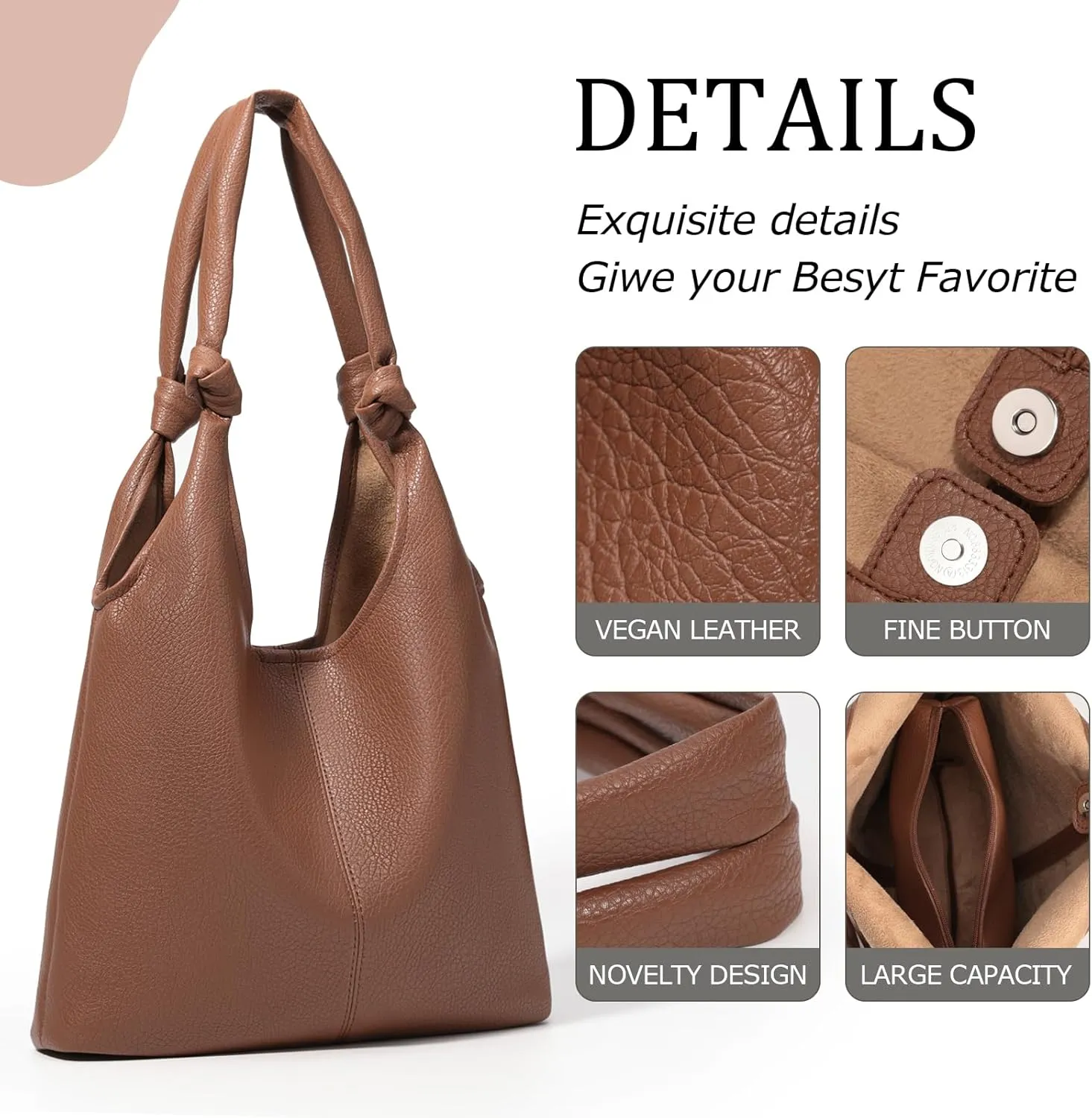 Vegan Leather Hobo Purses set, Slouchy Shoulder Bag Knotted Hobo Bags for Women with a small Purse and Clutch Handbag