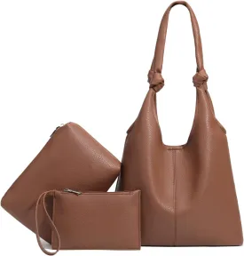 Vegan Leather Hobo Purses set, Slouchy Shoulder Bag Knotted Hobo Bags for Women with a small Purse and Clutch Handbag