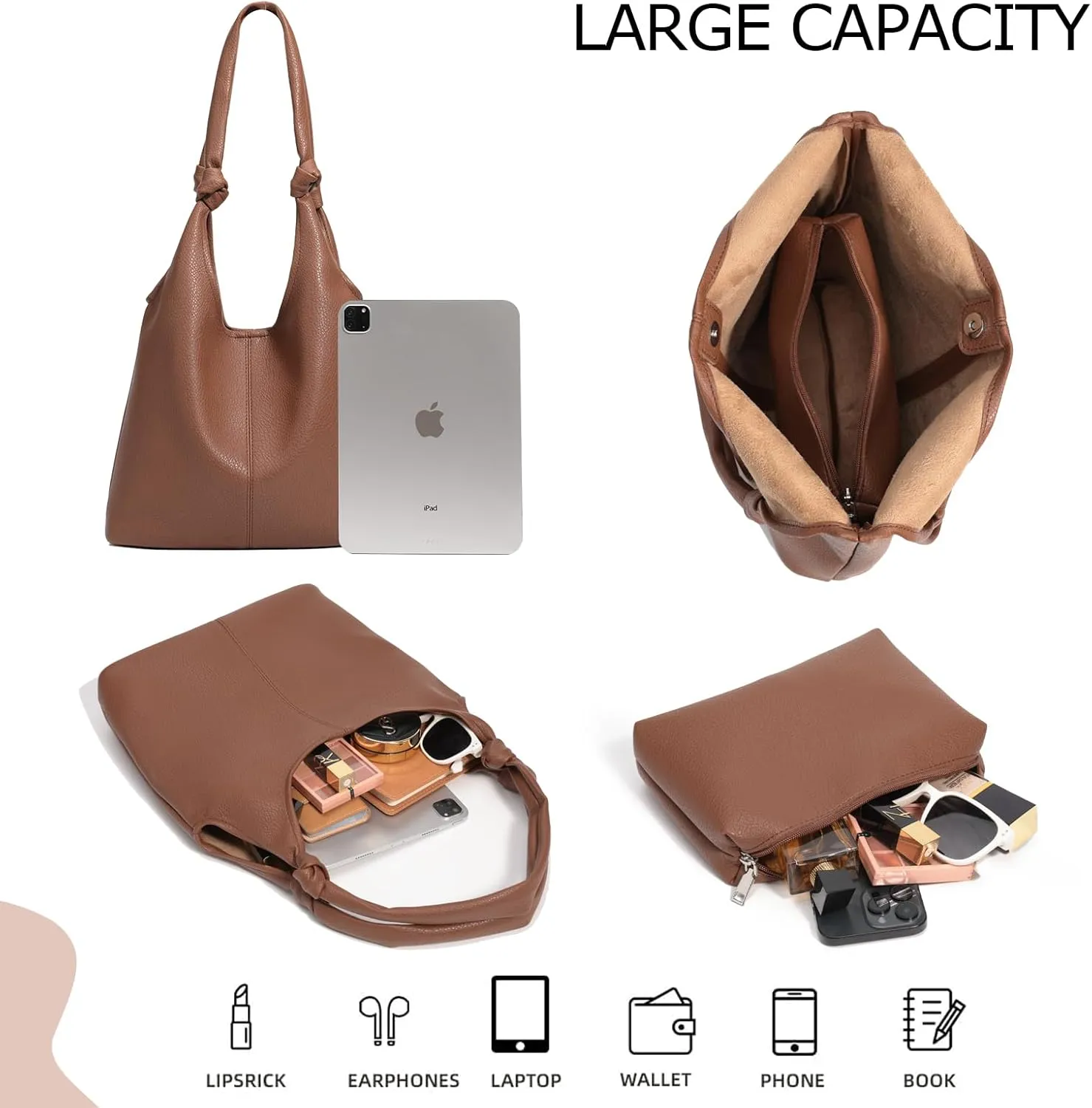 Vegan Leather Hobo Purses set, Slouchy Shoulder Bag Knotted Hobo Bags for Women with a small Purse and Clutch Handbag