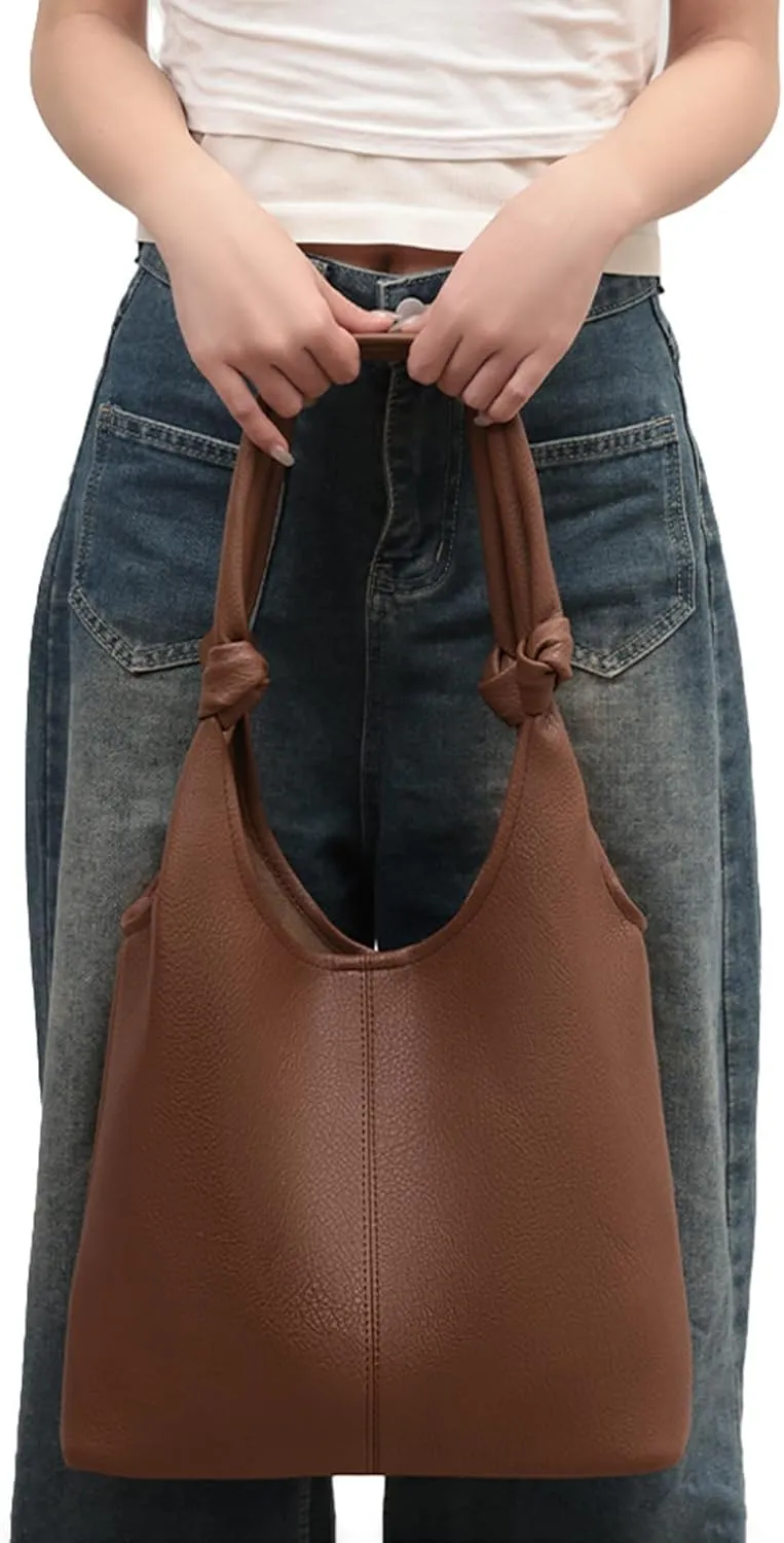 Vegan Leather Hobo Purses set, Slouchy Shoulder Bag Knotted Hobo Bags for Women with a small Purse and Clutch Handbag