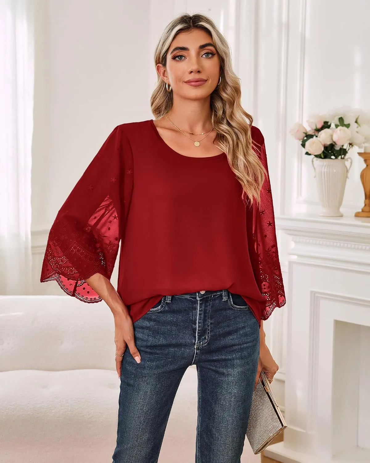 Women's Blouses Bell Sleeve Double Layers Casual Round Neck Embroidered Elegant Chiffon Tunic Top
