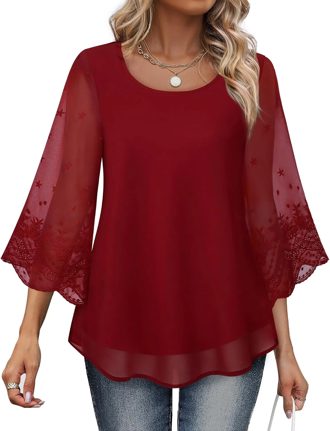 Women's Blouses Bell Sleeve Double Layers Casual Round Neck Embroidered Elegant Chiffon Tunic Top