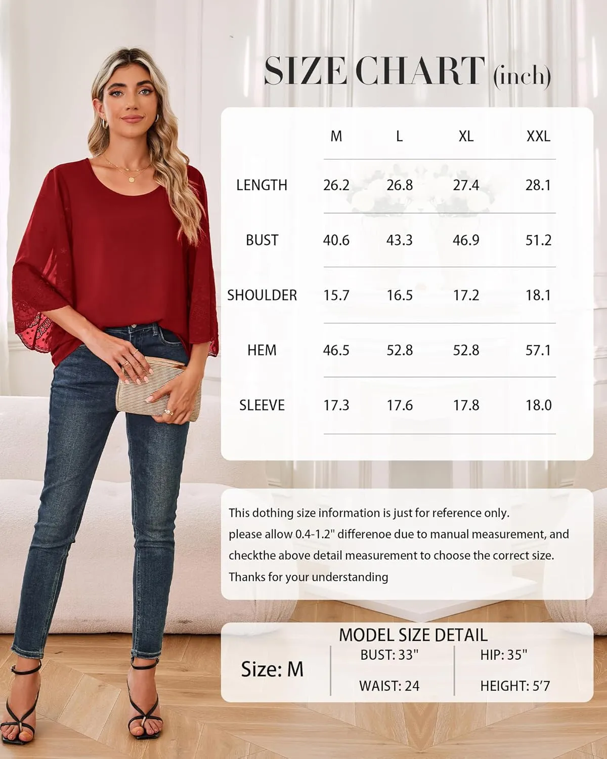 Women's Blouses Bell Sleeve Double Layers Casual Round Neck Embroidered Elegant Chiffon Tunic Top