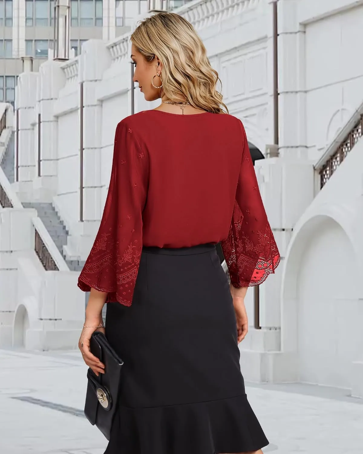 Women's Blouses Bell Sleeve Double Layers Casual Round Neck Embroidered Elegant Chiffon Tunic Top