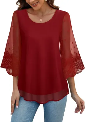 Women's Blouses Bell Sleeve Double Layers Casual Round Neck Embroidered Elegant Chiffon Tunic Top