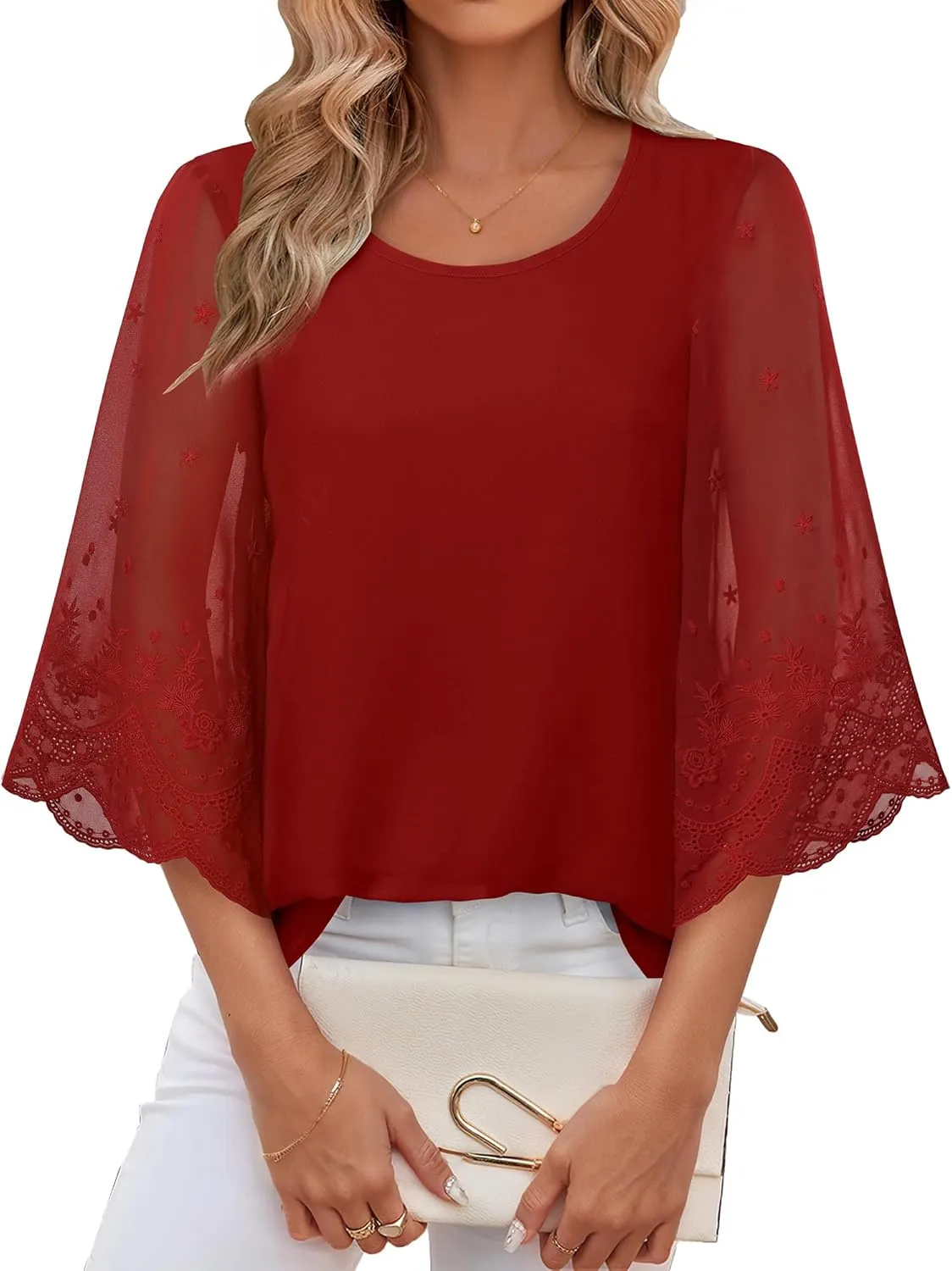 Women's Blouses Bell Sleeve Double Layers Casual Round Neck Embroidered Elegant Chiffon Tunic Top