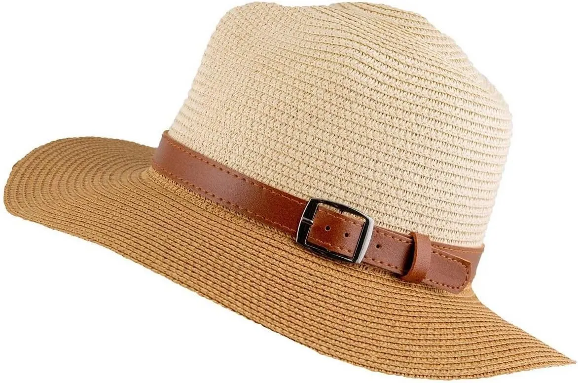 Womens Fedora Two Tone Buckle Straw Hat - Ivory/Natural