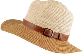 Womens Fedora Two Tone Buckle Straw Hat - Ivory/Natural