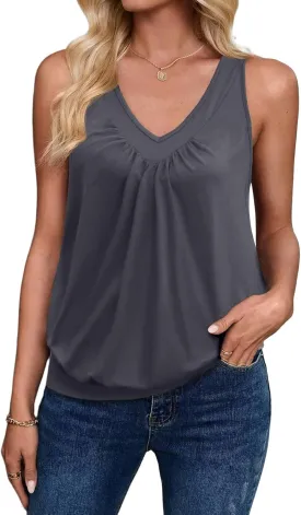 Zeagoo Womens Tank Tops Loose Fit V Neck Ruched Sleeveless Tops Casual Basic Banded Shirts S-XXL